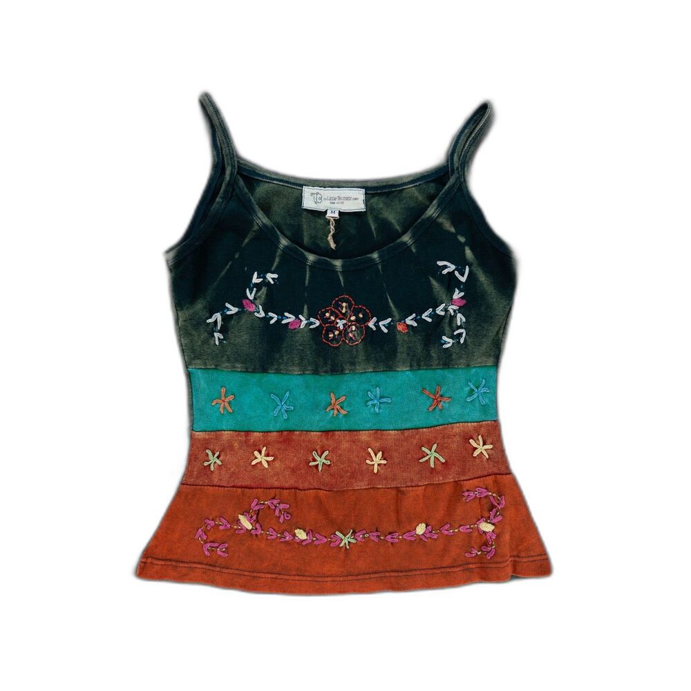 The Little Bazaar Tie Dye Embroidered Cami Tank Top Green Medium Hippie Boho